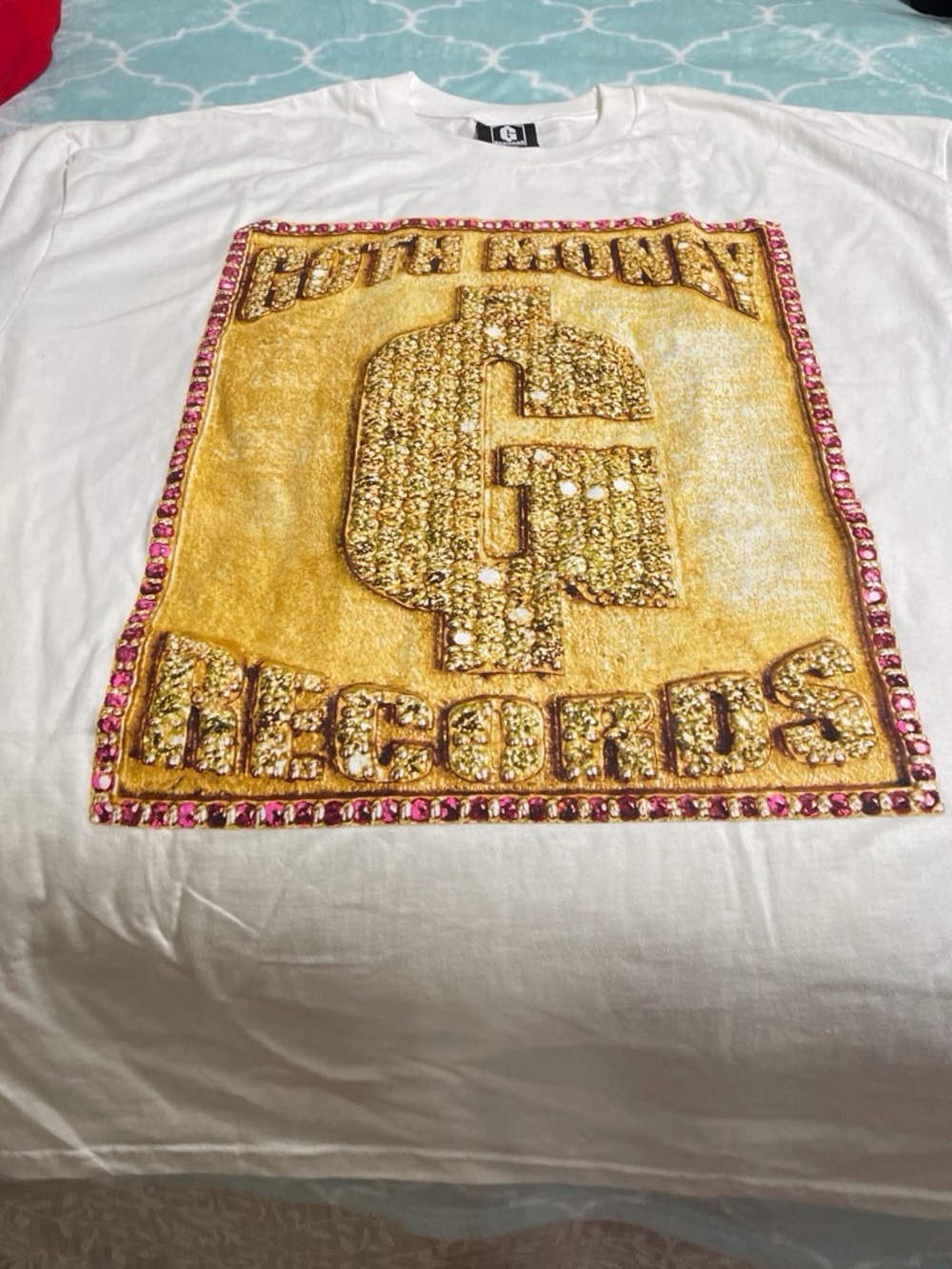 Goth money records White Graphic Tee with Gold Dollar Sign and Pink Accents